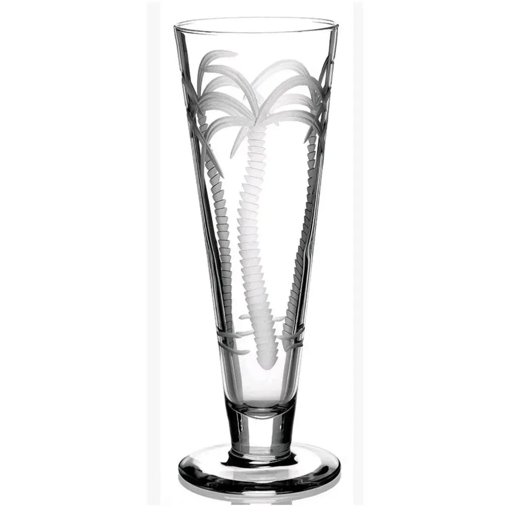 Lot of 2 Rolf Palm Tree Etched Pilsners Tall Crystal Glasses Tropical Clear Set